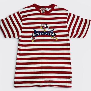 Vintage Mickey Inc Embroidered T-Shirt Red White Striped Disney Size L